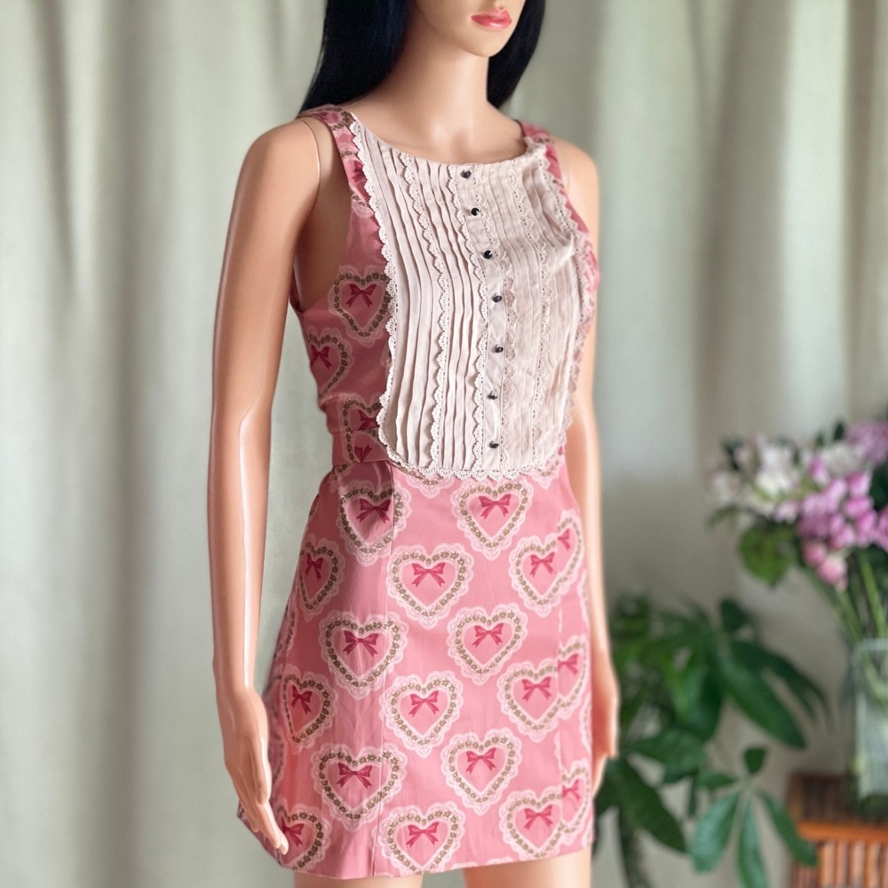 Kimchi Blue June Boatneck Pink Heart Bow Lace Bib Mini Dress Coquette Defect S